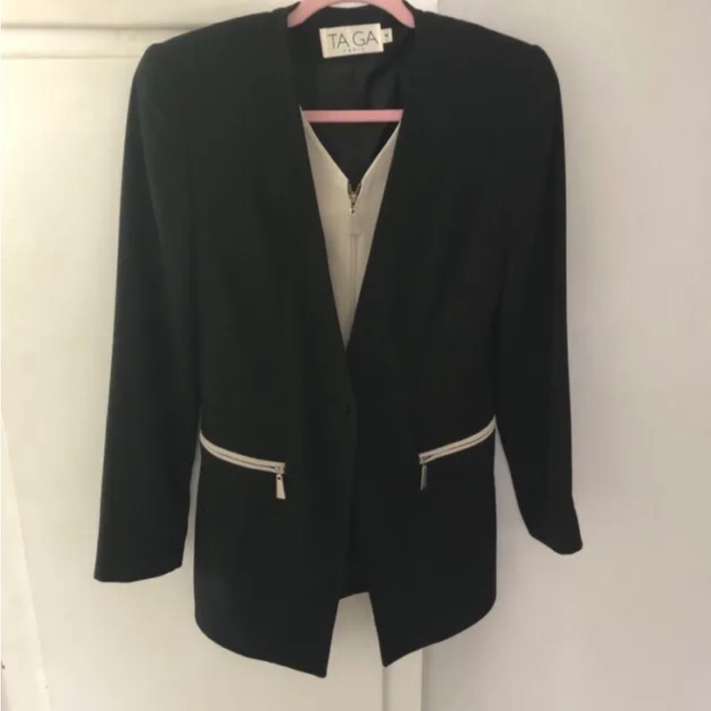 Taiga Paris Vtg Black, Beige & Tan Jacket Blazer Sz 4
